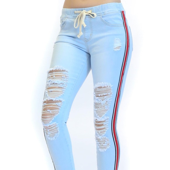 Stripes Drawstrings stretchy Jeans - Picture 2 of 8